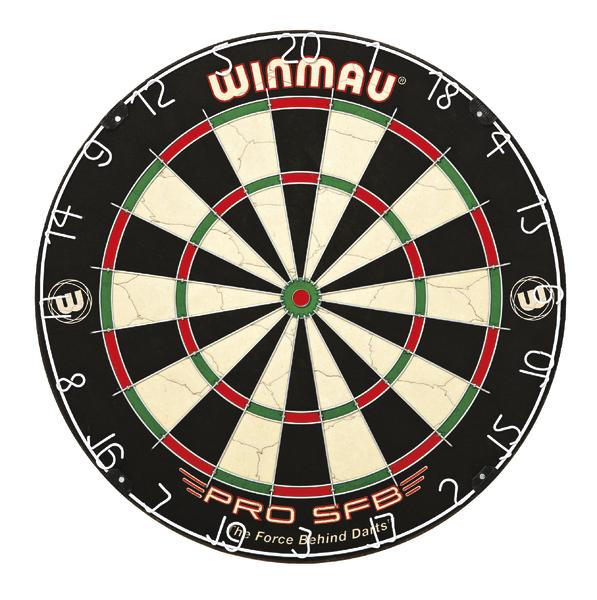 Dartscheibe Winmau Pro SFB mit klassischen Schwarz-Weiß-Segmenten und roten, grünen Markierungen.