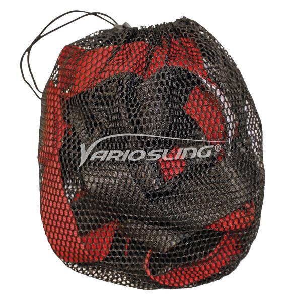 Netzbeutel mit roten und schwarzen Fitnessbändern der Marke Varioswing, verpackt.
