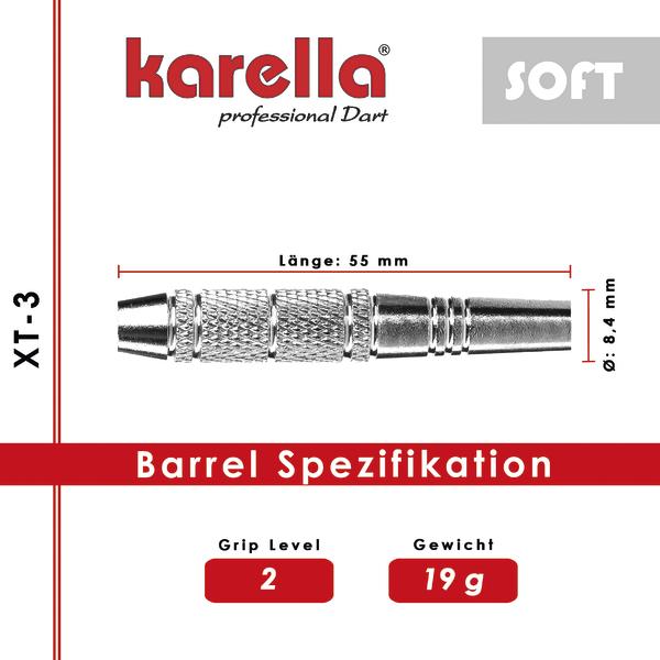 Detailaufnahme eines Dartbarrels mit Maßangaben und Hersteller-Logos.