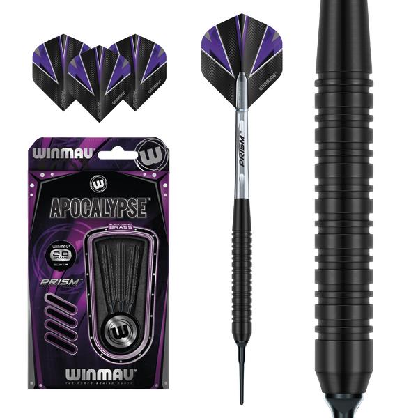 Schwarzer Winmau Apocalypse Dart mit lila Flights und geriffeltem Griff, inklusive Verpackung.