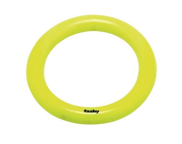 Gelber Schwimmring aus Kunststoff mit dem Schriftzug "fashy" für Wasserspaß.