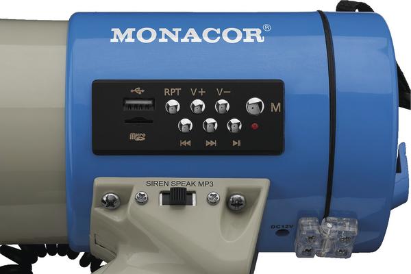 Blauer Monacor Megafon-Lautsprecher mit Steuerungstasten und USB-Anschluss.