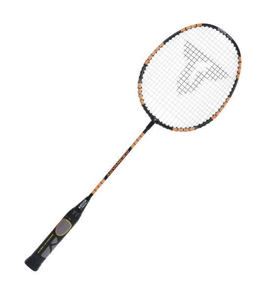 Badmintonschläger mit schwarzem und orangefarbenem Design auf weißem Hintergrund.