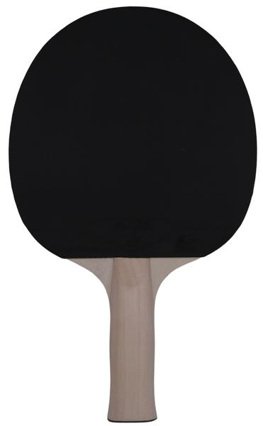 Tischtennisschläger mit schwarzer Schlagfläche und hellem Holzgriff, freigestellt.