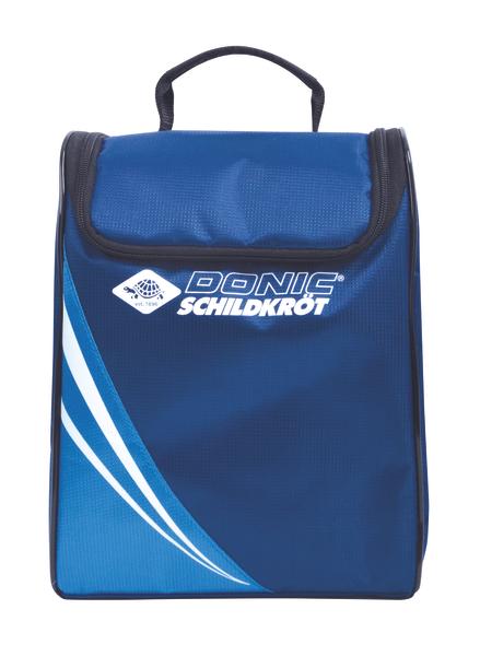 Blau-schwarze Donic Schildkröt Tischtennistasche mit Tragegriff und weißem Logo.