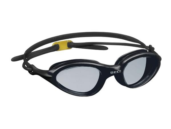 Schwarze BECO Schwimmbrille mit verstellbarem Gummiband und getönten Gläsern.
