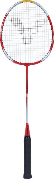 Badmintonschläger mit rotem Rahmen und schwarzem Griff, weißer Bespannung und Logo.