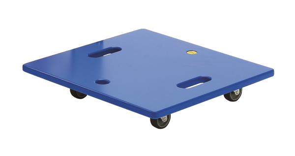 Blauer Roller mit vier Rollen und Grifföffnungen für einfachen Transport schwerer Gegenstände.