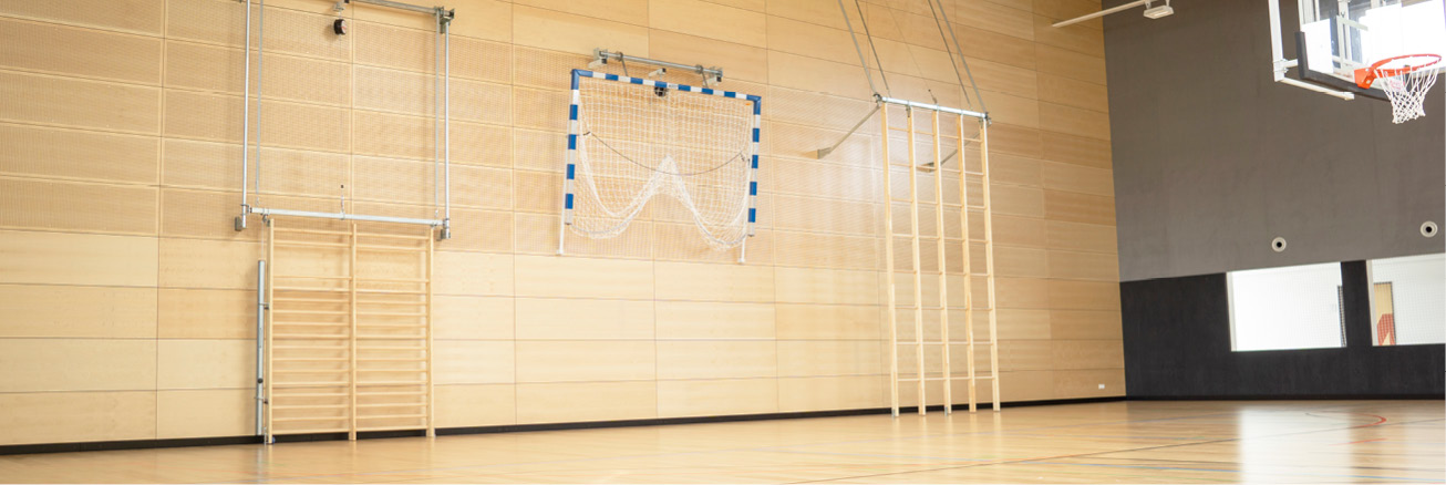 Moderne Sporthalle mit integrierter Turnausstattung, darunter Sprossenwände, Kletterleitern, ein hochklappbares Handballtor mit Schutznetz sowie ein Basketballkorb.