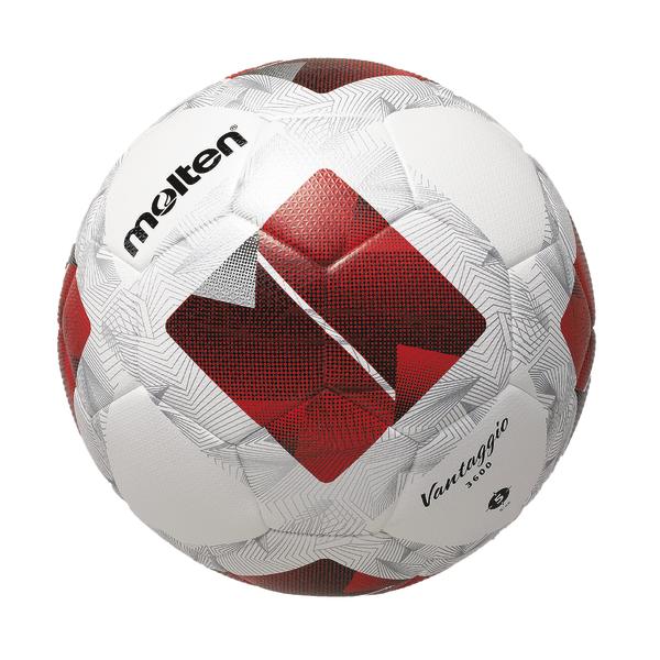 Weiß-roter Molten Vantaggio 360 Fußball mit schwarzem Logo und Muster.