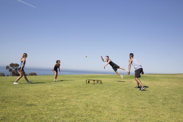 Vier Personen spielen Spikeball auf einer grünen Wiese bei klarem Himmel am Meer.