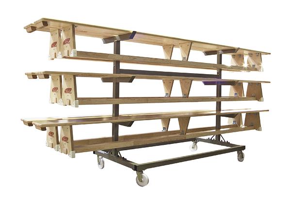 Mobiler Holzlagerwagen mit mehreren Ebenen und Rollen für einfache Materiallagerung.
