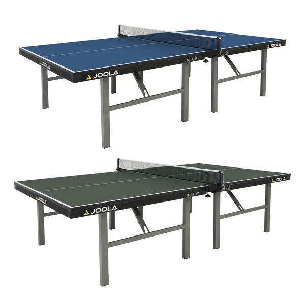 Blauer und grüner JOOLA Tischtennistisch mit Netz und grauen Beinen.