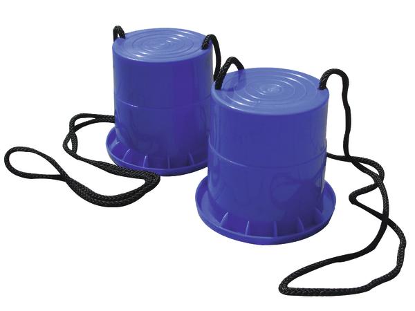 Blaues Kinderlaufspiel mit zwei Bechern und schwarzen Seilen für Balancetraining.