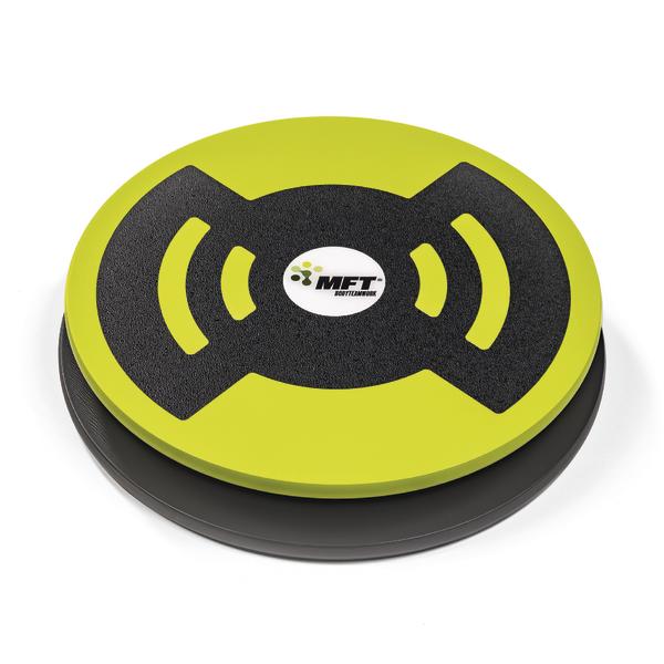Balance-Board in Grün und Schwarz mit rutschfester Oberfläche und MFT-Logo, Fitnessgerät.
