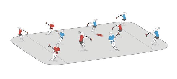 Illustration eines Ultimate Frisbee Spiels mit zwei Teams in Rot und Blau auf einem Spielfeld.