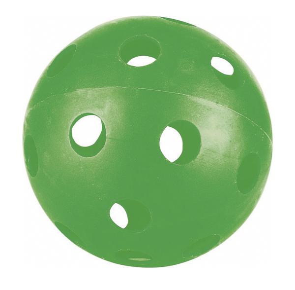 Grüner Kunststoffball mit mehreren runden Löchern, typischer Floorball-Schlägerball.