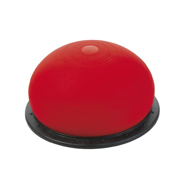Rotes Balance-Trainingsgerät mit halbrunder Form und schwarzer Basis für Fitnessübungen.