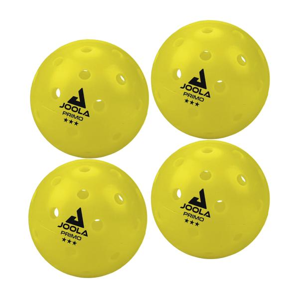 Vier gelbe JOOLA Primo Wiffleball-Bälle mit Löchern, ideal für Outdoor-Sport.