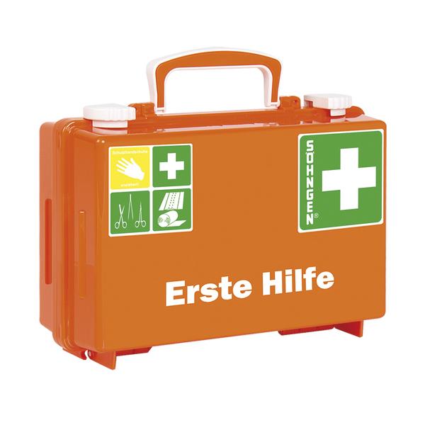 Erste-Hilfe-Kasten orange mit Griff und medizinischen Symbolen für Notfallversorgung.