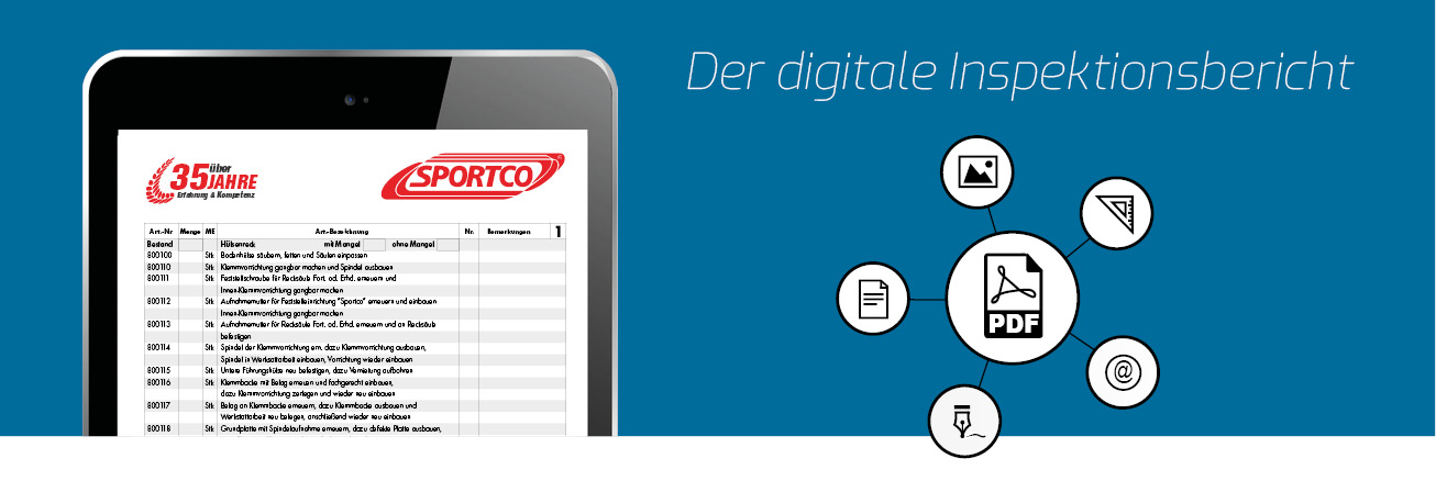 Grafik zum digitalen Inspektionsbericht von SPORTCO mit Tablet-Darstellung eines Prüfprotokolls sowie Symbolen für PDF, Bilder, Dokumente, Zeichnungen, E-Mail und digitale Dokumentation.