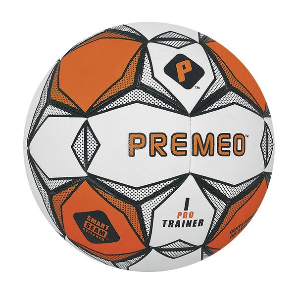 Orange-weißer Premeo Pro Trainer Fußball mit Smart Seam Naht für Training.