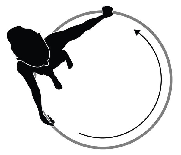 Silhouette einer Person, die eine kreisförmige Bewegung mit dem Arm ausführt, Pfeil zeigt Drehung.