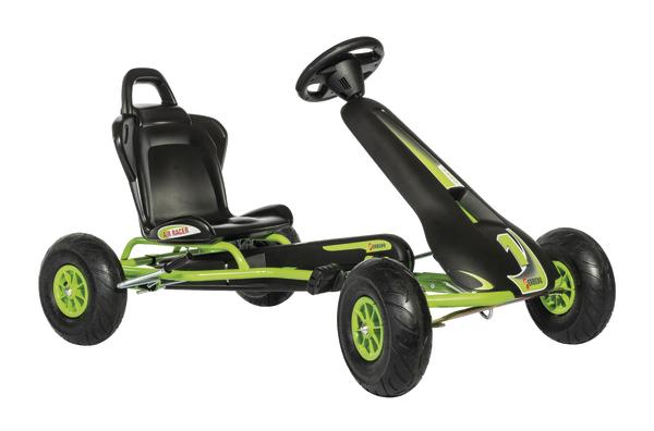 Tret-Gokart mit grün-schwarzem Rahmen und verstellbarem Sitz für Kinder.