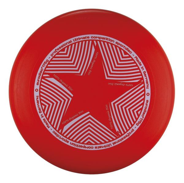 Roter Ultimate Frisbee mit weißem Sternmuster und Text, professionell, aus Deutschland.