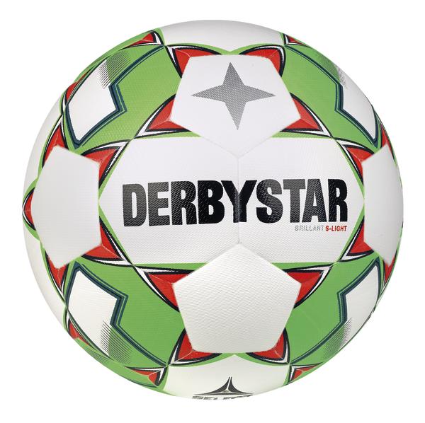 Weiß-grüner Derbystar Fußball mit rotem Sternmuster, ideal für Training und Spiele.