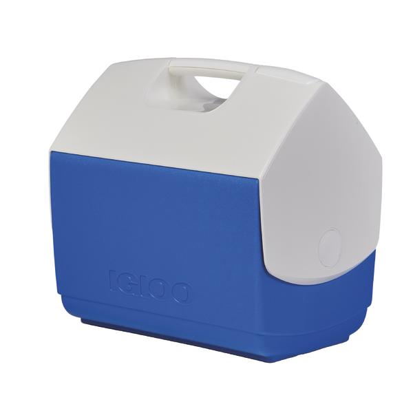 Kompakte blaue und weiße Kühlbox mit Tragegriff, ideal für Outdoor und Picknick.