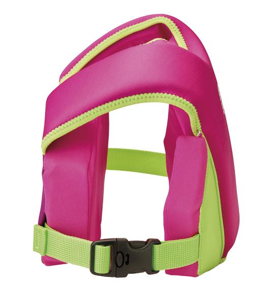 Schwimmweste für Kinder in Pink und Grün mit verstellbarem Gurt und Schnalle.