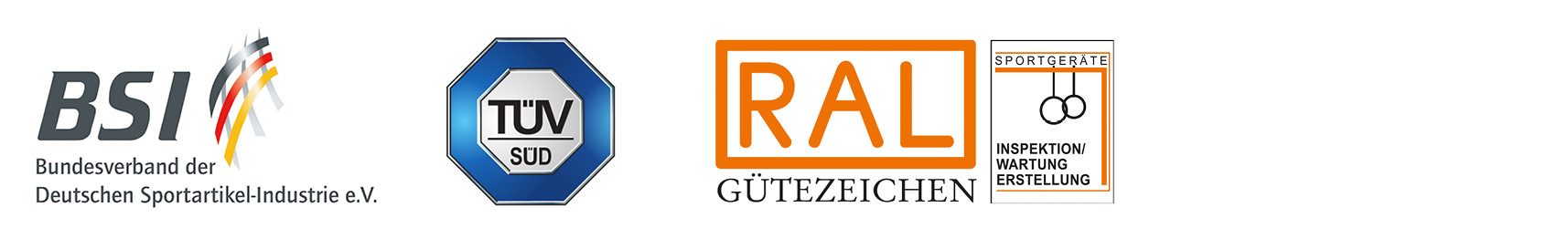 Übersicht verschiedener Zertifizierungen und Qualitätsnachweise, darunter BSI, TÜV SÜD, das RAL-Gütezeichen sowie das Gütezeichen für Inspektion, Wartung und Erstellung von Sportgeräten.