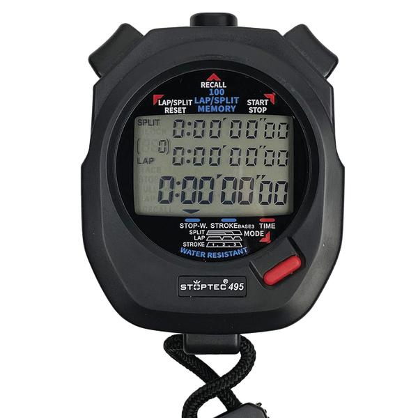 Digitale Stoppuhr Stoptec 495 mit LCD-Display und Speicherfunktion vor weißem Hintergrund.