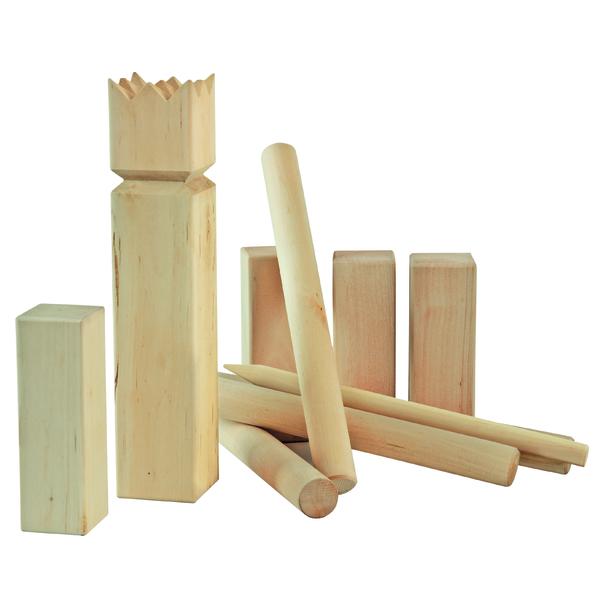 Kubb Spielset aus Holz mit König, Blöcken und Wurfstäben auf weißem Hintergrund.
