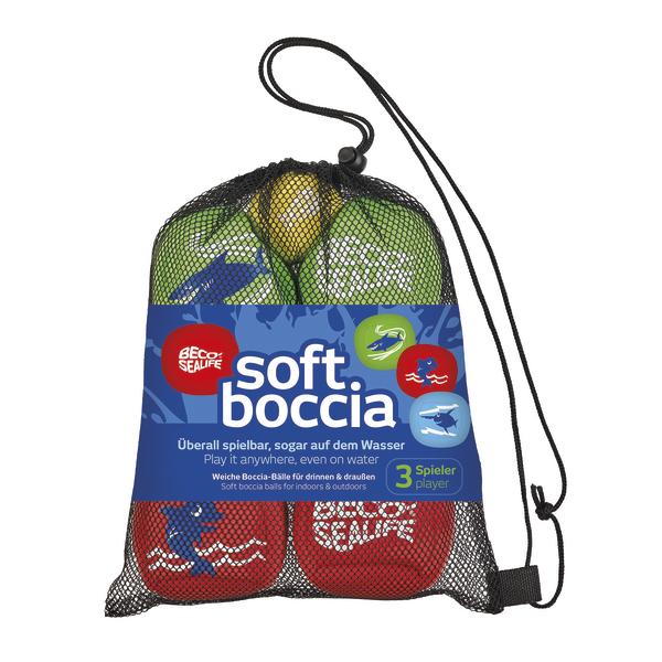 Soft Boccia Bälle im Netzbeutel, spielbar drinnen und draußen, auch auf Wasser.