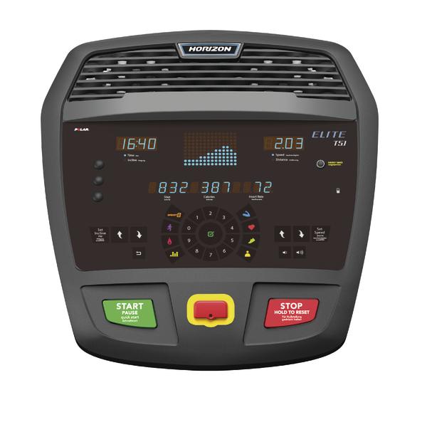Bedienfeld des Horizon Elite T51 Laufbands mit Display und Start/Stopp-Tasten.