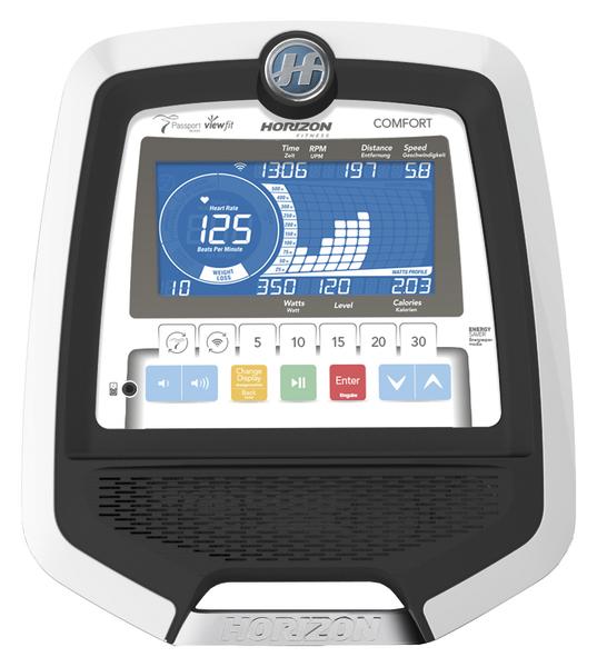 Display und Steuerungseinheit eines Horizon Fitness Heimtrainers mit Herzfrequenz- und Leistungsanzeige.