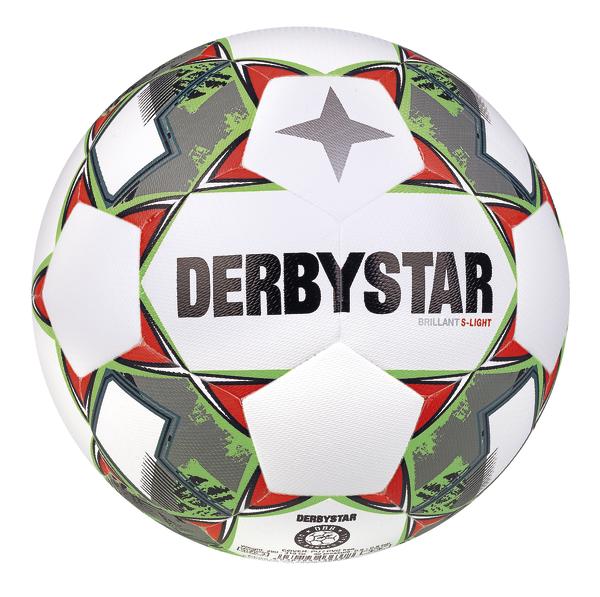 Weißer Derbystar Fußball mit rotem, grünem und grauem Sternmuster, Modell Brillant S-Light.