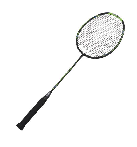 Badmintonschläger mit schwarzem Griff und grün-schwarzem Rahmen auf weißem Hintergrund.