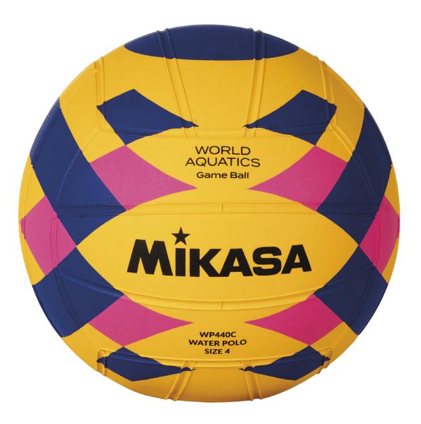 Wasserball Mikasa World Aquatics, Größe 4, gelb-blau-pink, für Wasserballspiele.