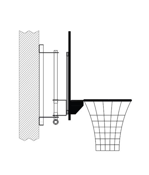 Technische Zeichnung einer seitlichen Ansicht eines Basketballkorbs mit Wandhalterung.