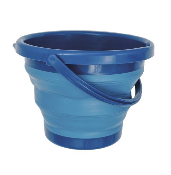 Faltbarer blauer Eimer aus Kunststoff mit Henkel, ideal für Camping und Outdoor.