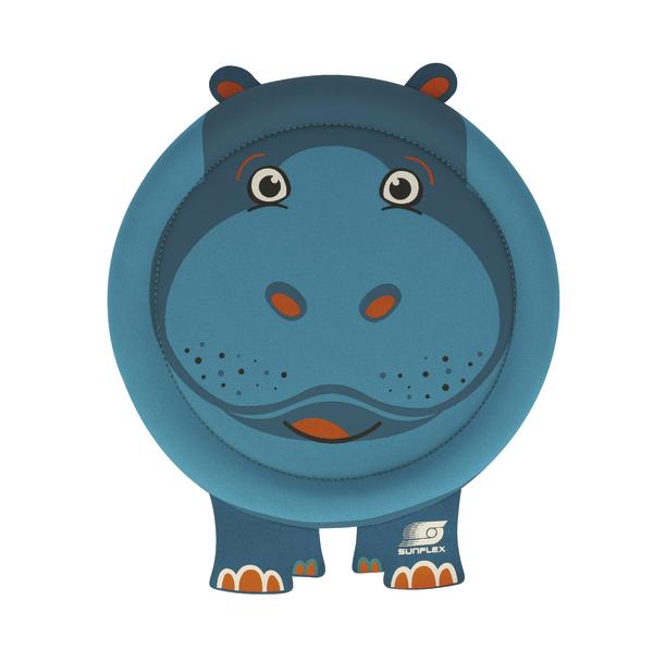 Blaue Kinder-Wurfscheibe in Form eines Nilpferds mit freundlichem Gesicht und Ohren.