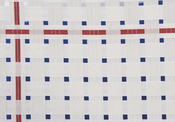Weißer Stoff mit blauem und rotem Karomuster, textile Struktur sichtbar.