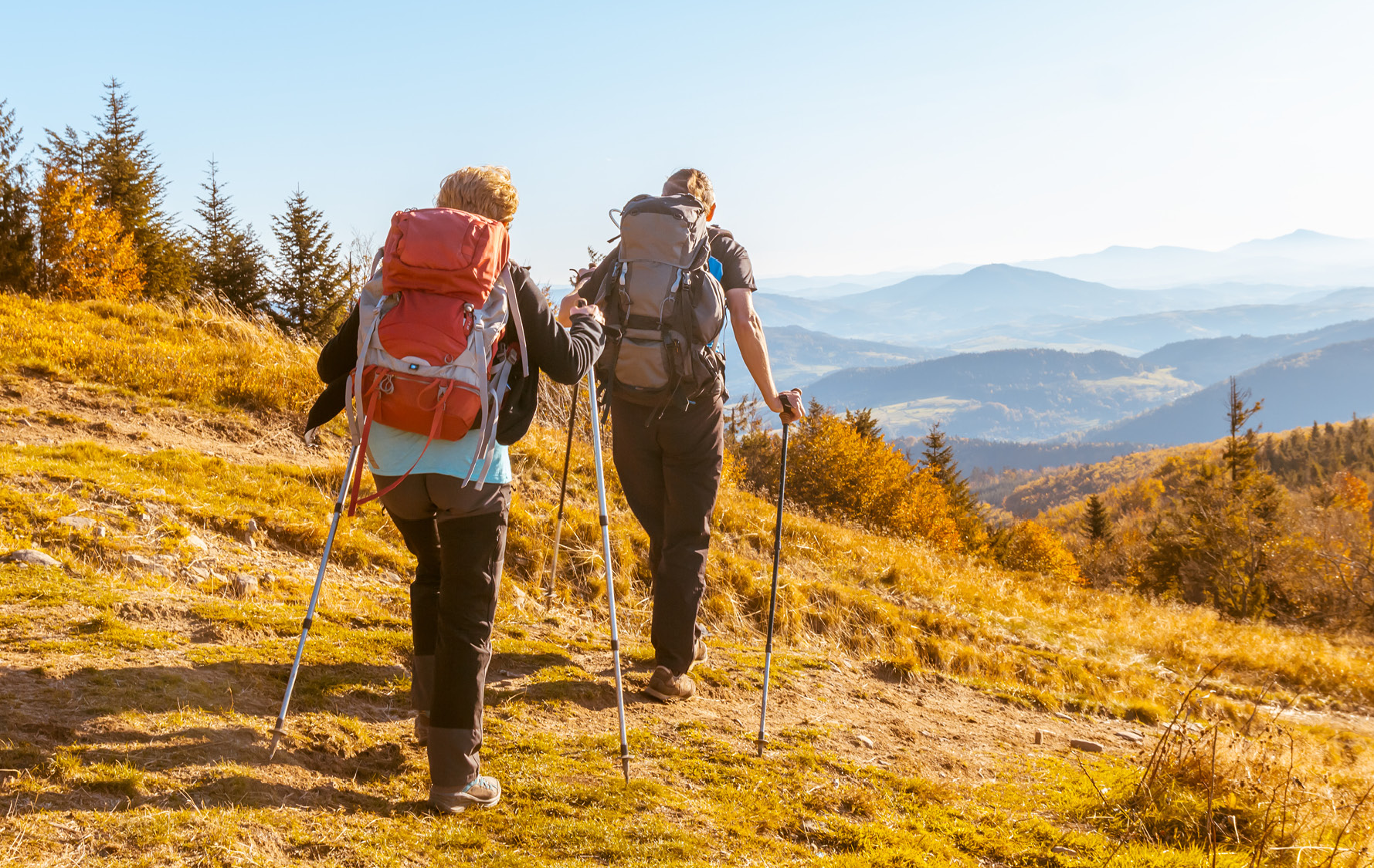 zwei Menschen sind mit Stöcken in den Bergen wandern