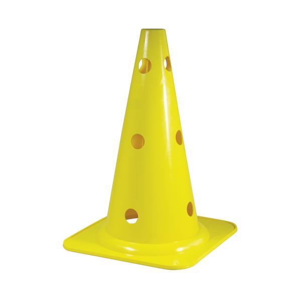 Gelber Markierungskegel mit Löchern, quadratischer Basis, für Sport und Übungen.