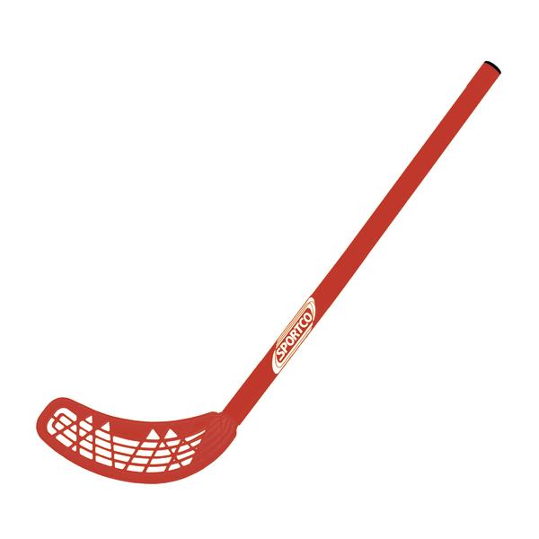 Roter Floorball-Schläger mit gelochtem Blatt und Sportco-Logo auf weißem Hintergrund.