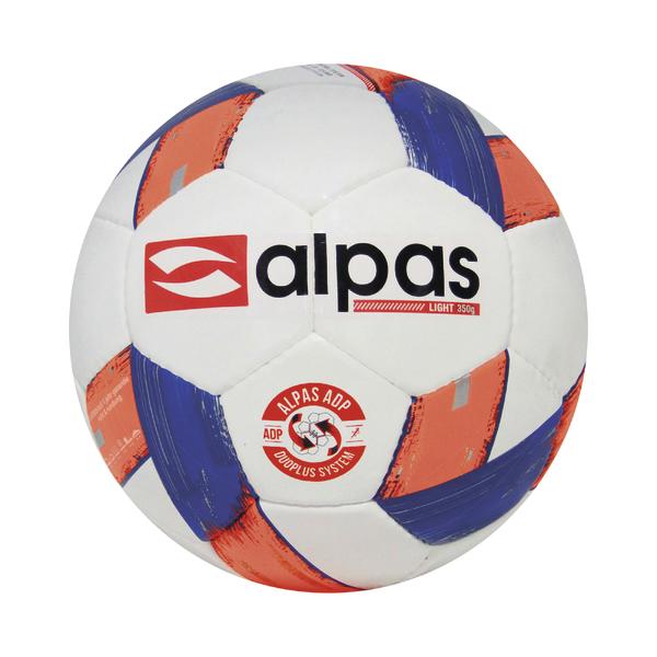 Weißer Alpas Handball mit blau-orangefarbenem Design und Logo, leichter Spielball 350g.