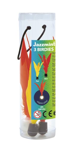 Jazzmint 3 Birdies Federballspiel mit LED-Licht für Nachtspiel in transparenter Verpackung.